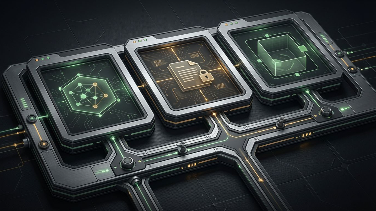 Editorial diagram showing several isolated agent sandboxes arranged like browser tabs, with an external runtime layer controlling what each sandbox can access.