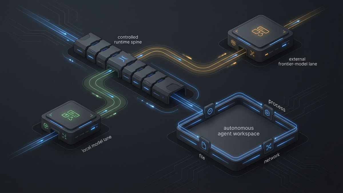 Editorial diagram showing an agent runtime policy layer splitting local model traffic from external model traffic while separately governing file and network permissions.