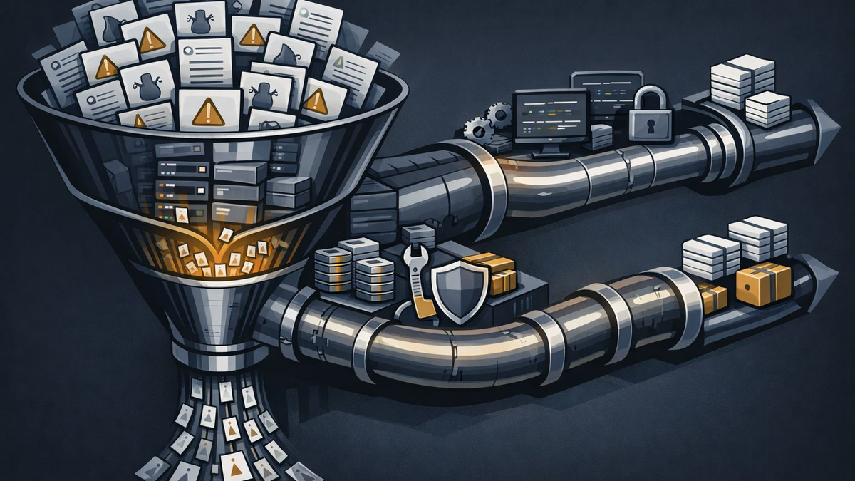 Editorial diagram showing AI-generated vulnerability findings entering a crowded maintainer queue before funding, tooling, and security support convert part of that queue into upstream fixes.