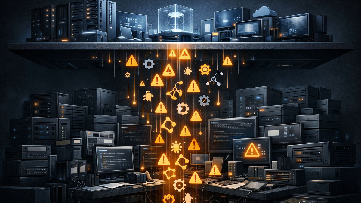 Editorial diagram showing an upper AI lab and platform layer resting on an open source maintainer base while a dense stream of vulnerability findings and dependency traffic falls into the lower layer.