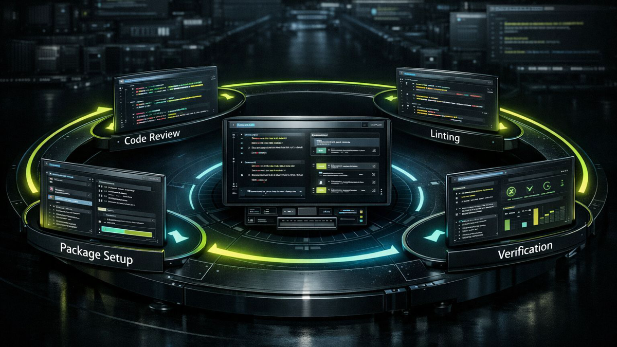 Editorial illustration of Codex as a control layer wrapping around package setup, code review, and verification steps in a Python delivery loop.