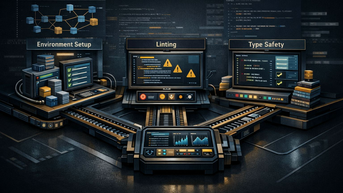 Editorial illustration of three Python workflow checkpoints for environments, linting, and type safety feeding into one shared orchestration rail.