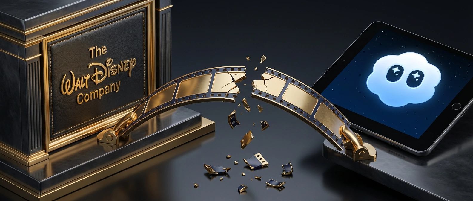 A Disney-branded plaque and the Sora app icon connected by a gold film bridge that breaks in the middle.