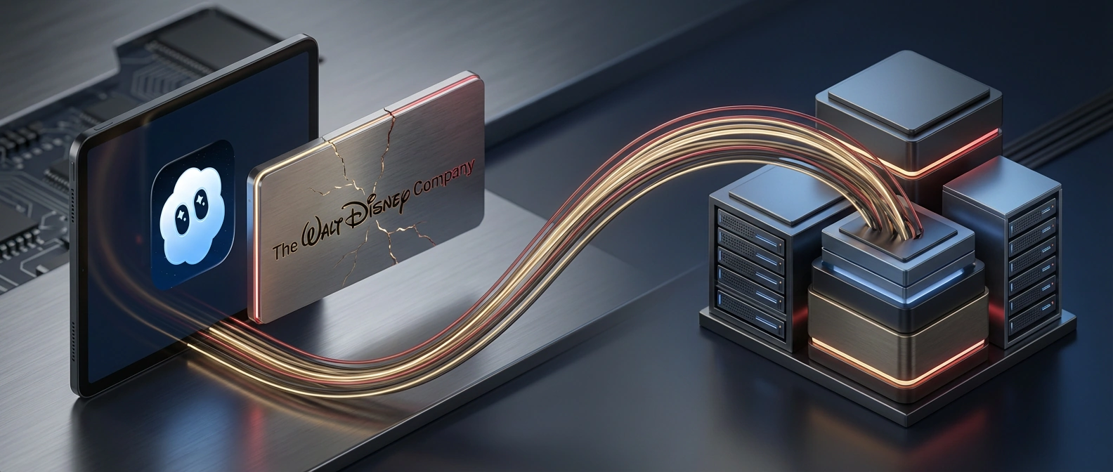 The Sora app icon and a cracked Disney rights plate on the left, with glowing paths rerouting toward quiet infrastructure blocks on the right.