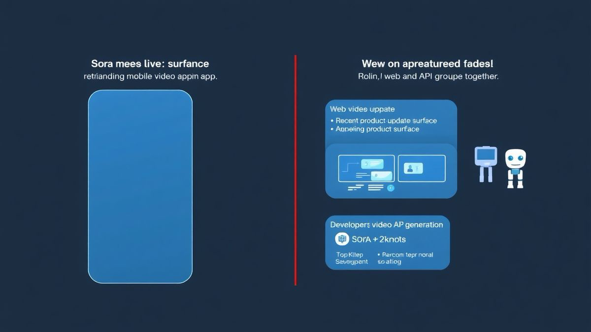 Editorial diagram showing the Sora app shutdown announcement on one side and still-live Sora 2 web, release-note, and API surfaces on the other.