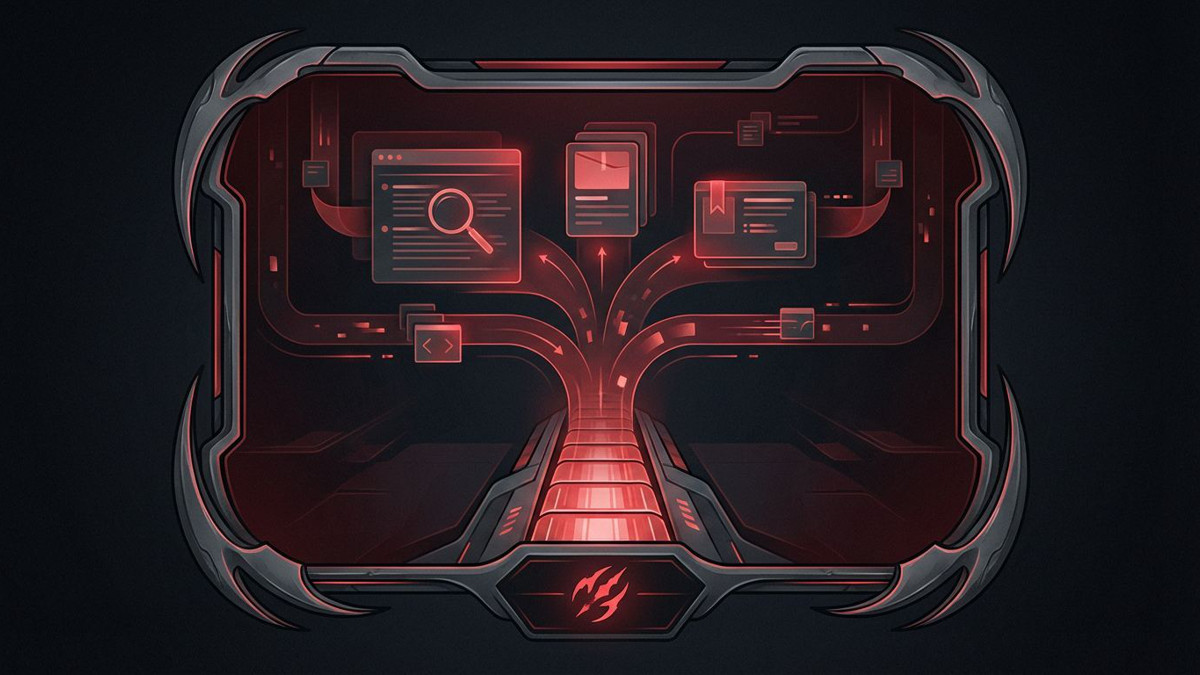 Editorial concept image of a red command surface and package cards collapsing into a single install lane with update metadata attached.