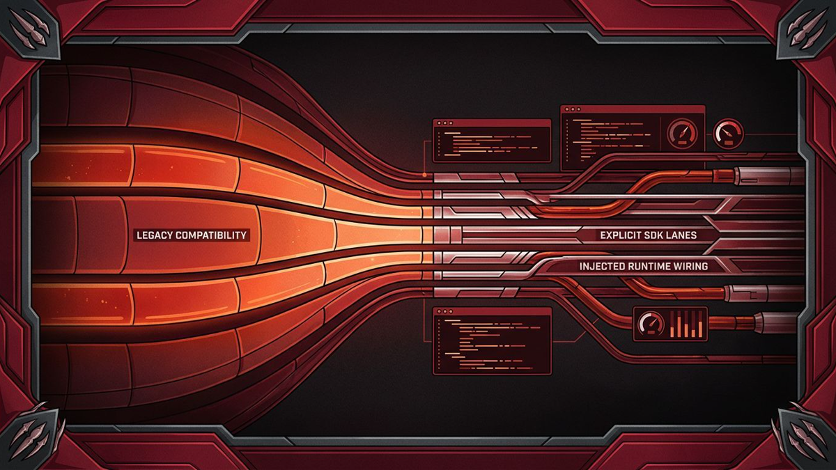 Editorial concept image of older plugin surfaces compressing into a cleaner, red-framed SDK pathway with explicit runtime wiring.
