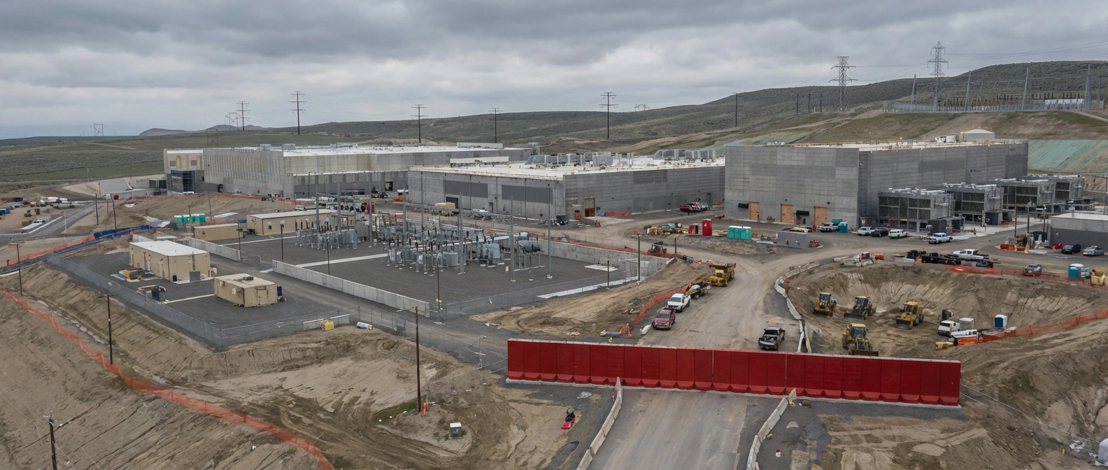 An editorial illustration of a sprawling hyperscale data center campus under construction with substations, utility yards, and transmission lines across a dry industrial landscape.