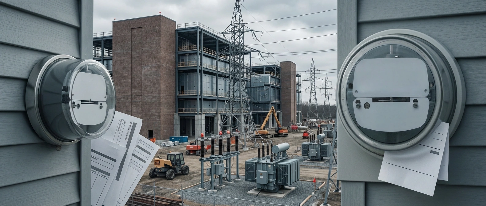 An editorial illustration of residential electric meters and blank paper bills in the foreground, with a large data center and substation construction site behind them.