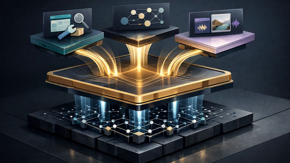 Editorial map showing base models at the bottom and a higher post-training layer shaping reasoning, tool use, and multimodal behavior above them.