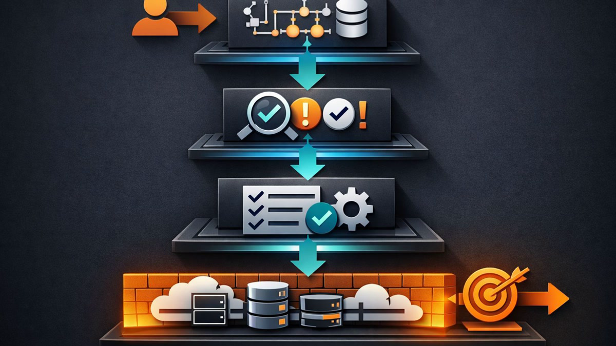Editorial diagram showing user intent passing through tool schemas, validation gates, and execution checks before an agent action is allowed to proceed.