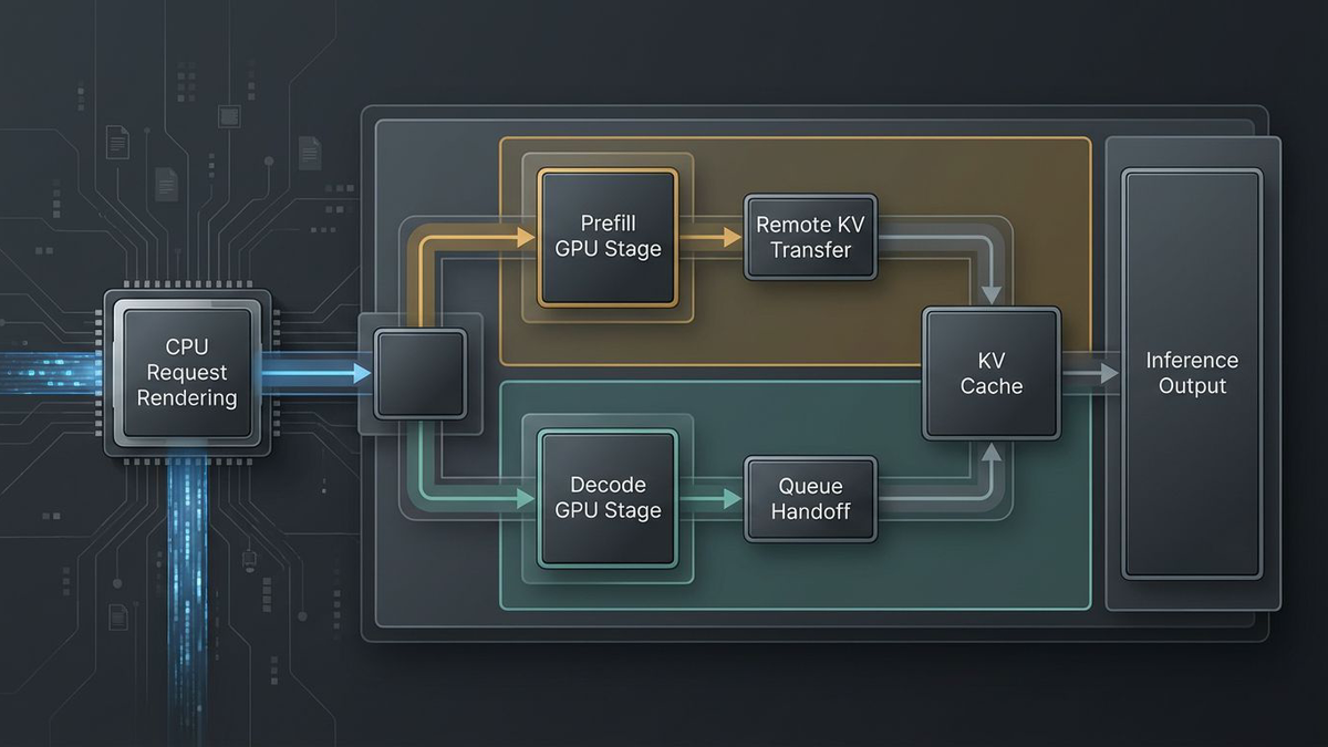 Editorial diagram showing CPU-side request rendering feeding a disaggregated prefill and decode path with remote KV transfers before GPU inference resumes.