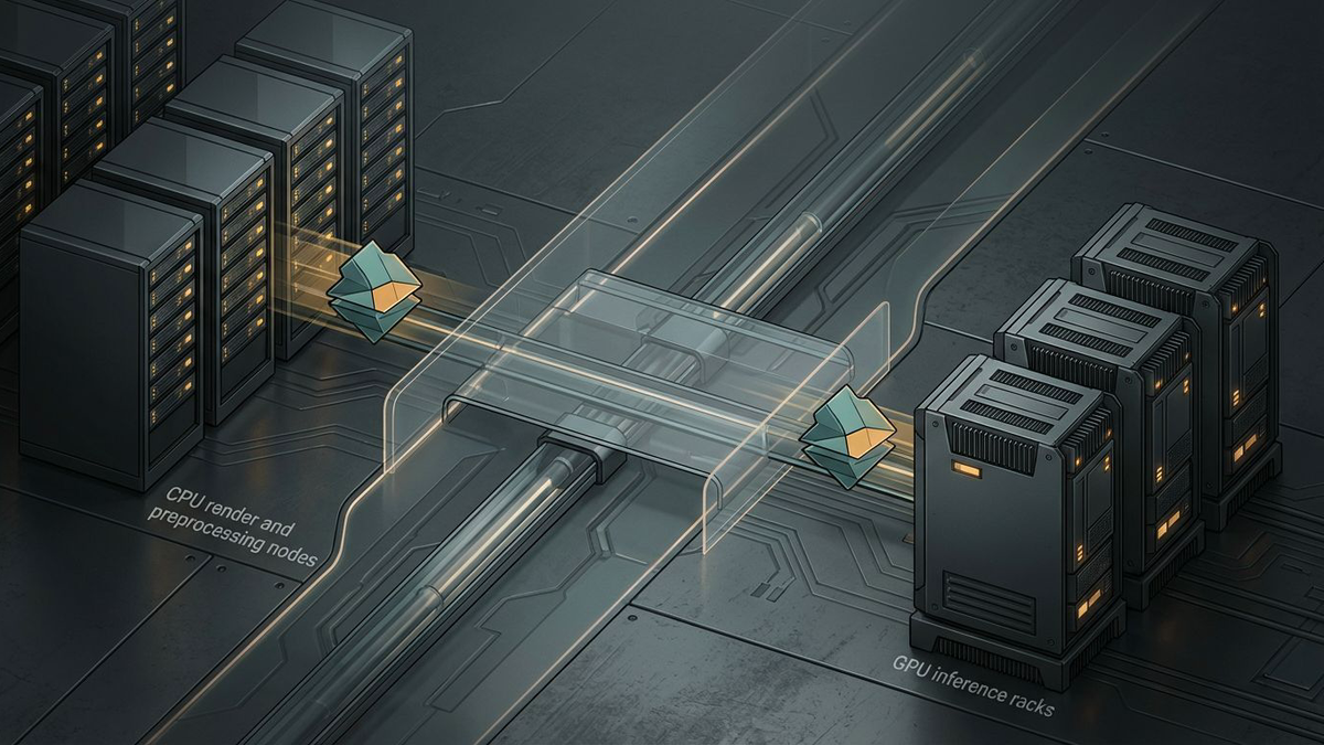 Editorial diagram showing a multimodal request flowing through a CPU render tier, a transport layer, and separate GPU inference racks rather than one monolithic server.