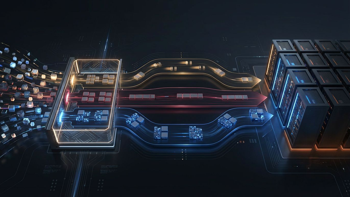 Editorial diagram showing a mixed inference batch being reordered and then split into decode, extend, and prefill paths before reaching AMD GPU racks.