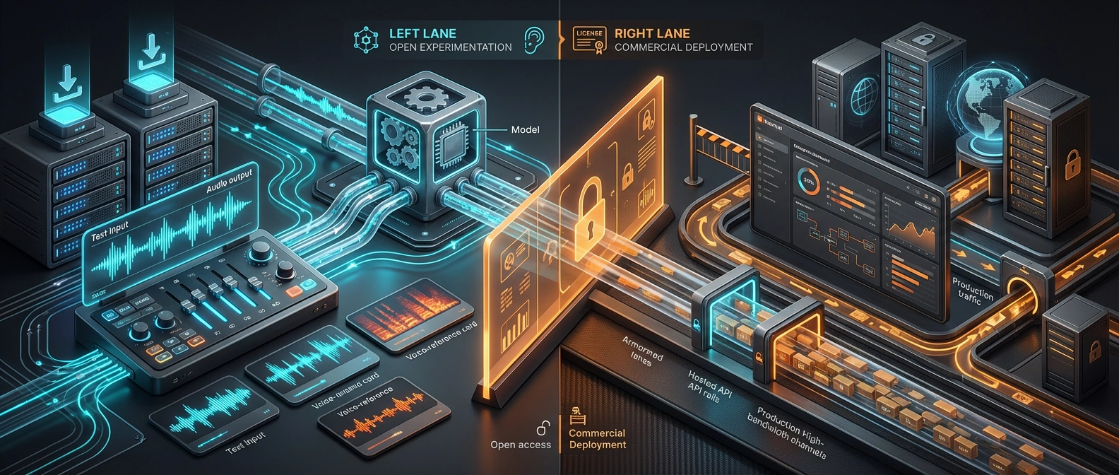 Editorial diagram showing Voxtral TTS split between an open-weights experimentation lane and a commercially gated deployment lane.