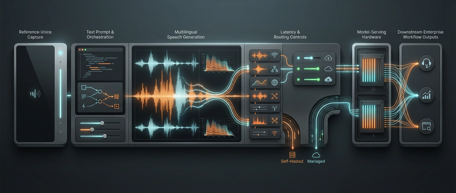 Editorial diagram of a voice-agent stack linking speech generation, latency, model hosting, and enterprise workflow controls.